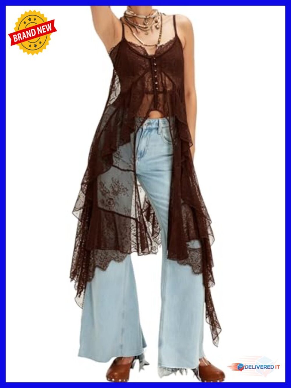 Women Boho Flowy Lace Spaghetti Strap See Through Long Cami